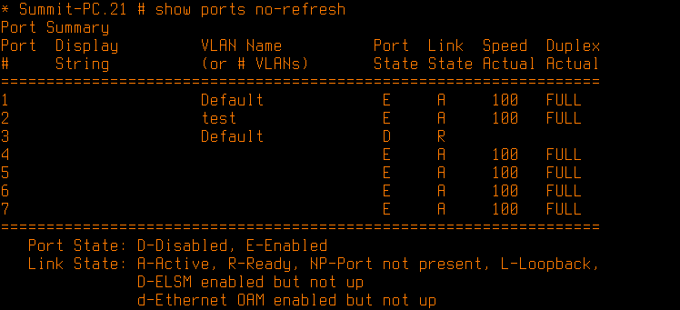 Virtual ExtremeXOS - быстрый старт - show ports no-refresh