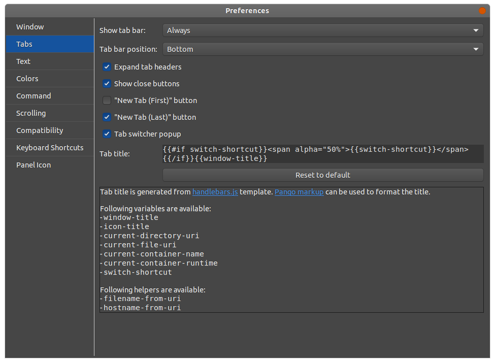 Another Drop Down Terminal - preferences - tabs