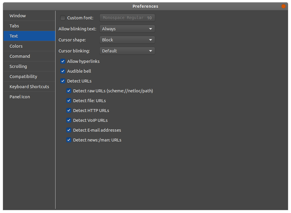 Another Drop Down Terminal - preferences - text