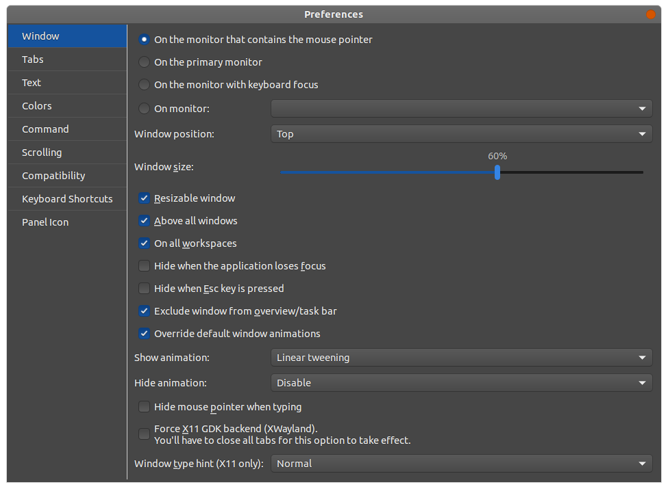 Another Drop Down Terminal - preferences - window